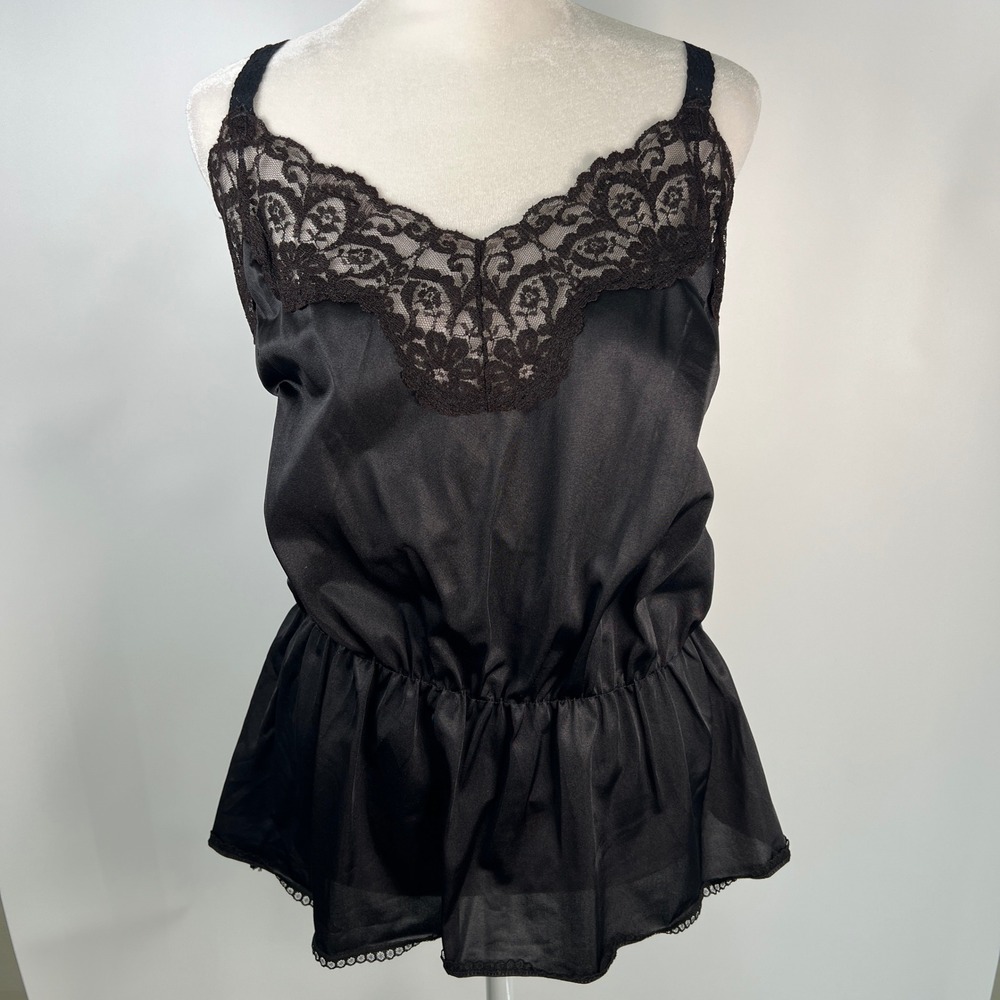 Vintage‎ Black Satin Lace Trim Peplum Camisole Lingerie Top Womens
